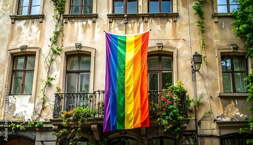 A vibrant rainbow pride flag hangs proudly from a balcony of an aged, weathered building, showcasing a display of inclusivity and acceptance.