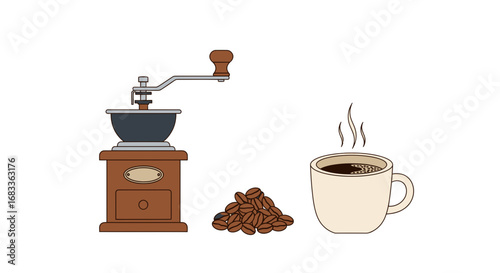 Enjoy a steaming cup of fresh coffee with beans and grinder, perfect for cafe promotions or morning routines.