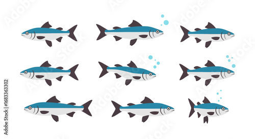 Dynamic schools of blue and silver fish swim gracefully with playful bubbles creating underwater charm