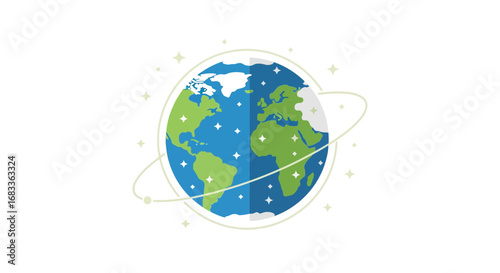Vibrant Earth globe with orbital ring and sparkling stars, representing global connection and innovation