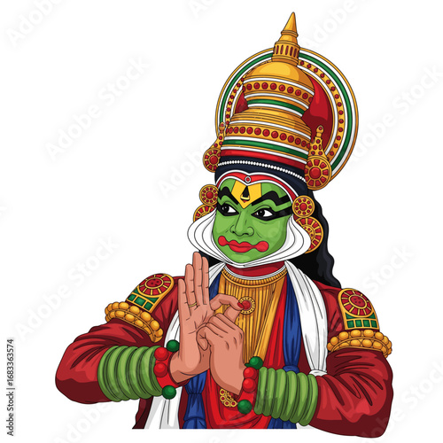 Kathakali mudras (hand gestures), an Indian classical dance form from Kerala, a character with traditional makeup and costume, a vector illustration of the dance