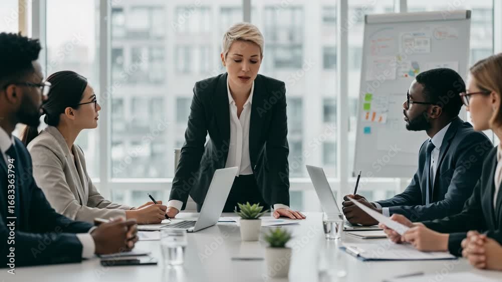 custom made wallpaper toronto digitalA diverse group of business professionals in a meeting, led by a woman in a suit, discussing strategy around a conference table with laptops