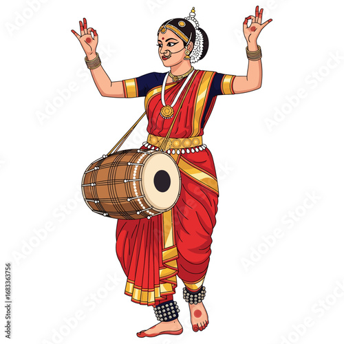 Vibrant Lavani dancer from Maharashtra, India, in a traditional red saree, performing with a dholak drum