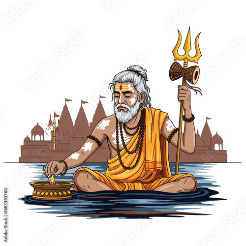 
Hindu Sadhu with Shiva's trident doing a religious ritual in the holy water of the Ganges during the Kumbh Mela, a spiritual and divine festival