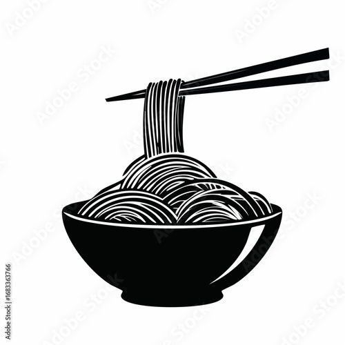 Noodles silhouette. The image shows a black silhouette of a tangled pile of noodles or pasta, a staple food in many cultures. Vector clipart illustration design.
