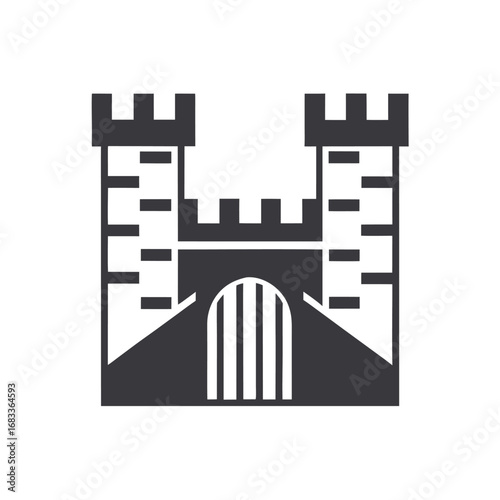 Dark grey castle silhouette with arched gate and battlements on white background fortress architecture 1