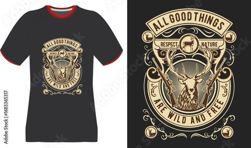 Vintage Deer Hunting T-Shirt Design with Rifles and "Wild and Free" Text