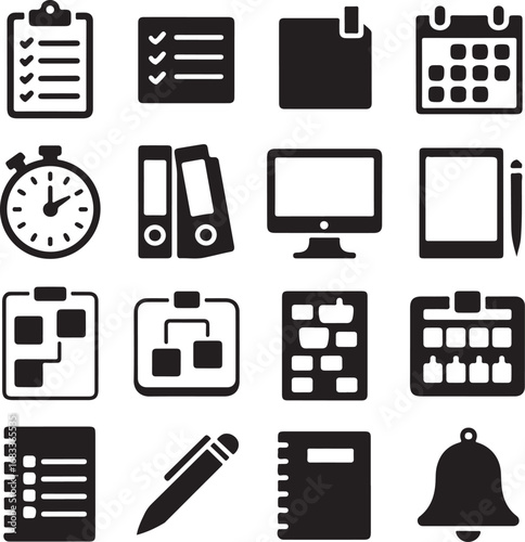 Collection of business and planning icons in black silhouette checklist clipboard