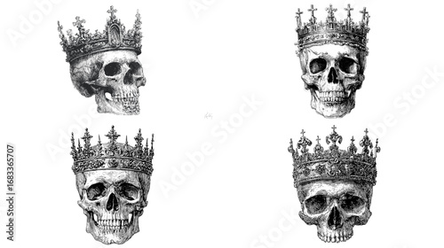 Black and white illustration of skulls wearing crowns, symbolizing gothic art, power, mortality, and dark fantasy design.