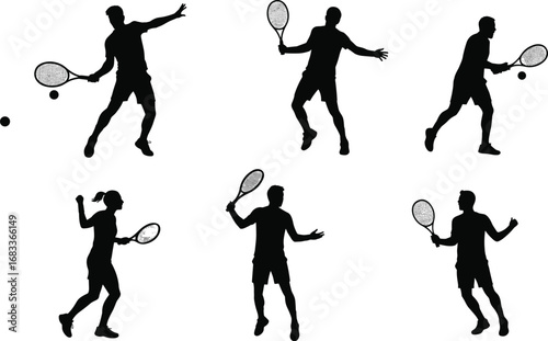 Tennis player silhouettes in action, men and women hitting ball with racket, sports competition, athlete serving, professional match game vector illustration
