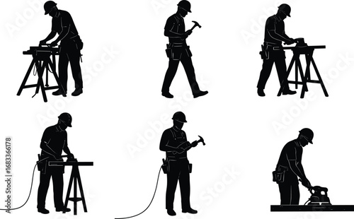 Construction worker silhouettes using tools, carpenter working with hammer and saw, builder with equipment, professional laborer on site, industrial job vector illustration