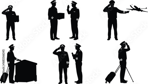 Airline pilot silhouettes standing with luggage, aviation crew members saluting, professional captain talking, aircraft operator illustration, flight crew working vector art