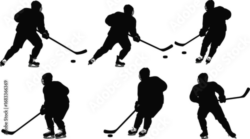 Ice hockey player silhouettes in action, skating with stick and puck, professional athlete playing sport, winter game, hockey competition vector illustration
