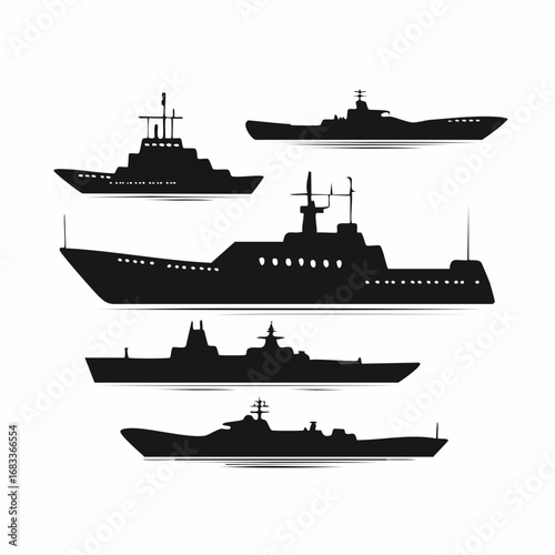 Naval ship silhouettes. This image shows various silhouettes of naval ships, including submarines and warships, depicted in black against a white background. Vector clipart illustration design.