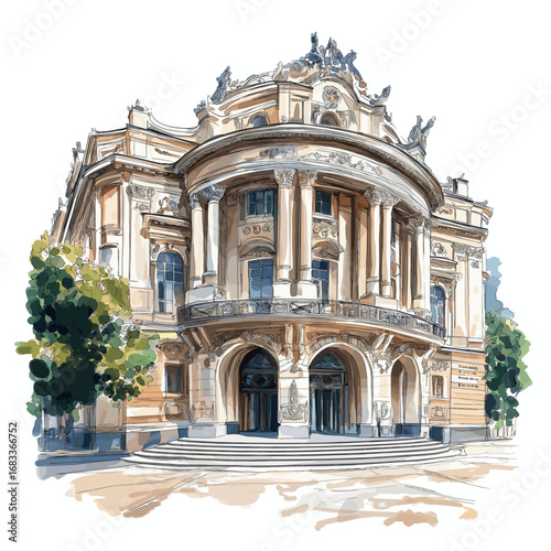 Odessa Opera and Ballet Theater. Odessa Opera and Ballet Theater watercolor vector illustration