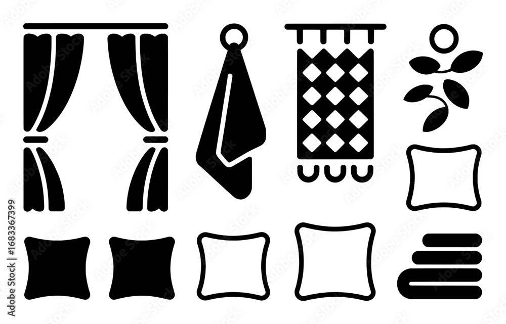 Fototapeta premium Collection of Home Decor Icons: Curtains, Pillows, Towels, and Plant