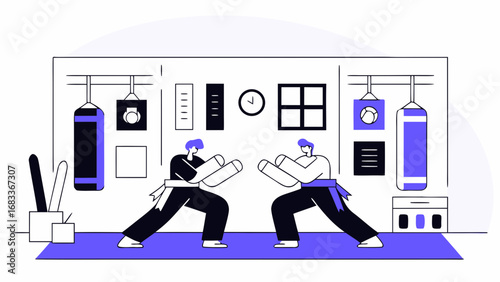 Two martial artists sparring in a training gym isolated on a white background.