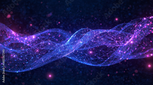 Flowing abstract holographic lines with intricate swirling patterns and glowing nodes in various sizes and intensities visualizing the complex process of AI algorithm and machine learning data flow, s