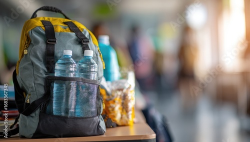 Gray and yellow backpack with water bottles on a desk.