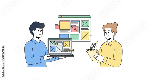 Two designers collaborating on a website UI/UX wireframe layout, one holding a laptop and the other taking notes.
