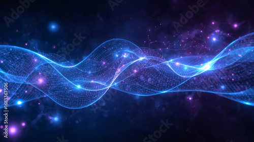 Flowing abstract holographic lines with intricate swirling patterns and glowing nodes in various sizes and intensities visualizing the complex process of AI algorithm and machine learning data flow, s