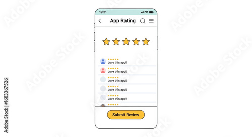 Smartphone displaying app rating section with user reviews and submit review button.