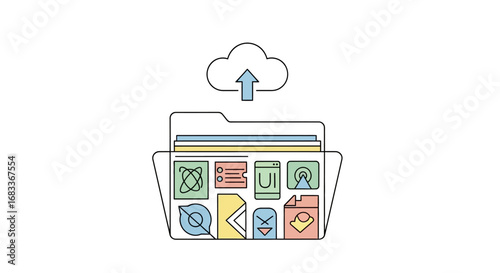 Cloud storage folder with various digital files being uploaded.