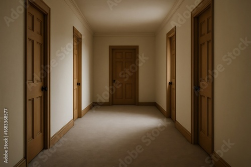 Soft light illuminating an empty hallway featuring multiple wooden doors, creating a quiet and serene atmosphere