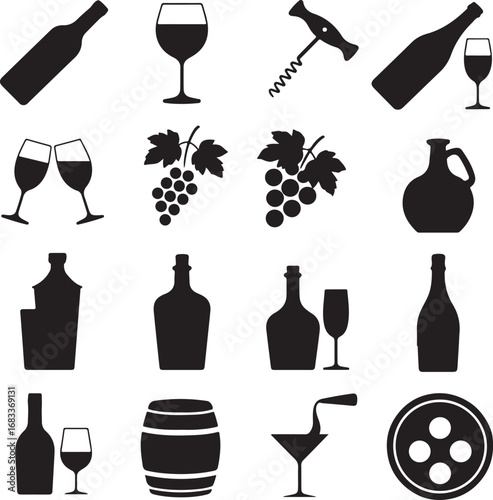 Silhouette icons related to wine and beverages Keywords: wine, beverage, drink, alcohol, bottle