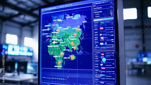 World map interface on computer monitor