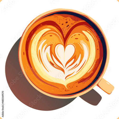 Vector illustration of cappuccino with latte art in a cup for takeaway, top view, flatlay. Vector illustration of aromatic, delicious beverage on white background