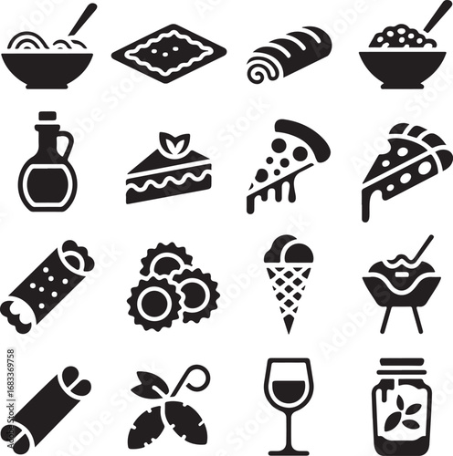 Assortment of food and drink icons in black silhouette pizza pasta