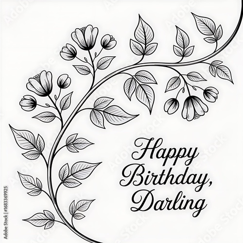 Elegant Floral Birthday Greeting Card Design with Intricate Botanical Illustration and Happy Birthday Darling Text