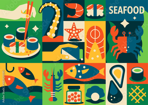 Seamless seafood pattern, fish, crab, shrimp, lobster, sushi. Geometric mosaic style supermarket