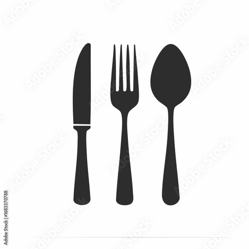 Fork spoon knife silhouette. This image shows a black silhouette of a fork, spoon, and knife, representing essential cutlery used in kitchens and dining settings. Vector clipart illustration design.