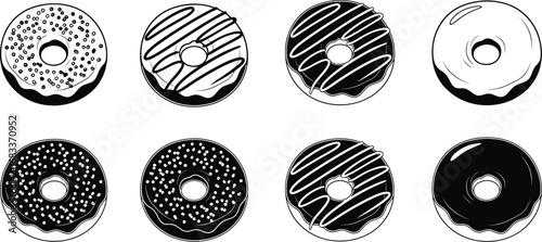 A delightful assortment of eight illustrated donuts, showcasing various toppings and icing styles.