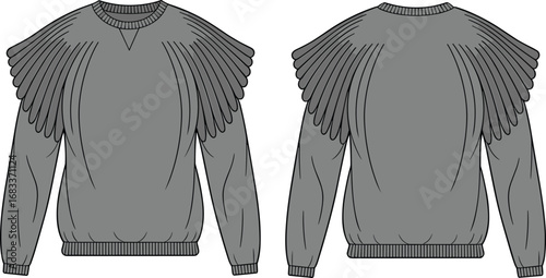 "Vector technical fashion illustration of long sleeve sweater with layered pleated shoulder flounces, ribbed cuffs, waistband, and round neckline"