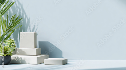 Minimal product display podium with plant and shadow on blue background
