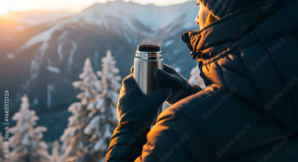Fototapeta premium Man enjoying hot drink in mountains at sunrise time