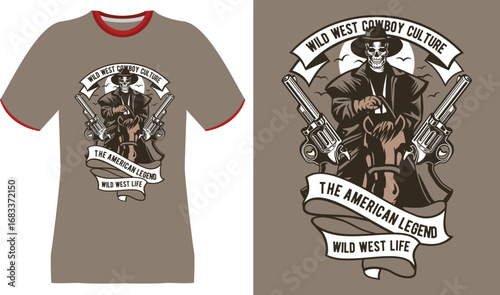 Wild West Cowboy Skull Riding Horse with Guns and American Legend Text