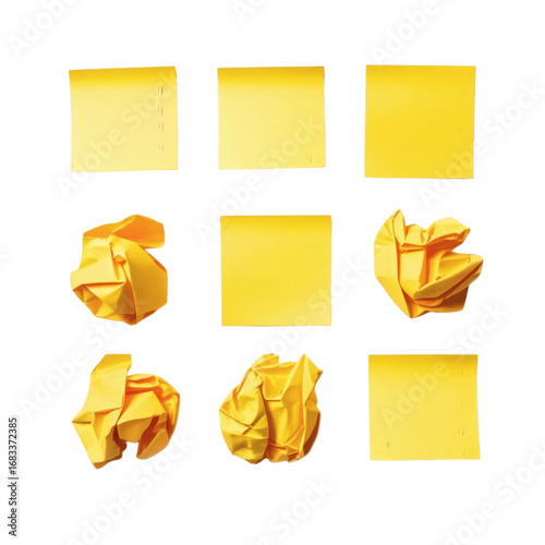 Yellow sticky notes arranged in a 2x3 grid pattern on transparent background