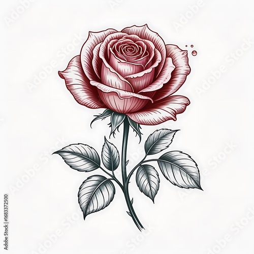 Elegant Rose Illustration with Detailed Petals and Leaves on a Clean White Background Artistic Floral Design