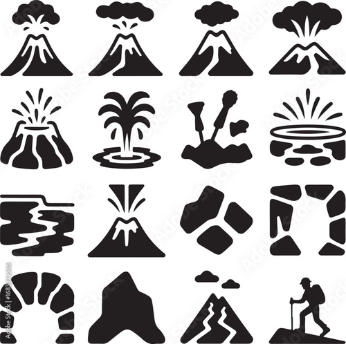 Volcano and geological formation icons in silhouette on white background Keywords: volcano