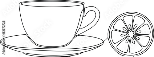 Simple line art of a cup and saucer with a slice of citrus fruit.
