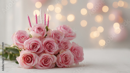 Romantic pink roses with candles for birthday celebration with bokeh lights
