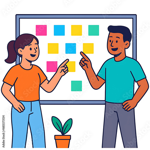 Team of colleagues collaborating on a project, using a kanban board with colorful sticky notes for agile planning and brainstorming
