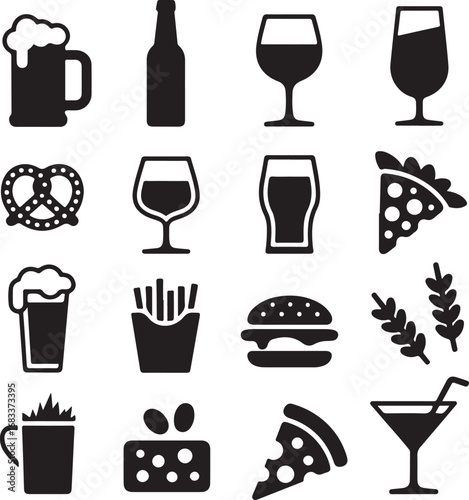 Variety of beverages and snacks icons in black silhouette beer mug beer glass
