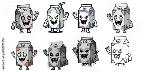 Angry zombie milk carton characters, scary dairy illustration, creepy cartoon packaging, spooky horror concept, expired beverage monster art