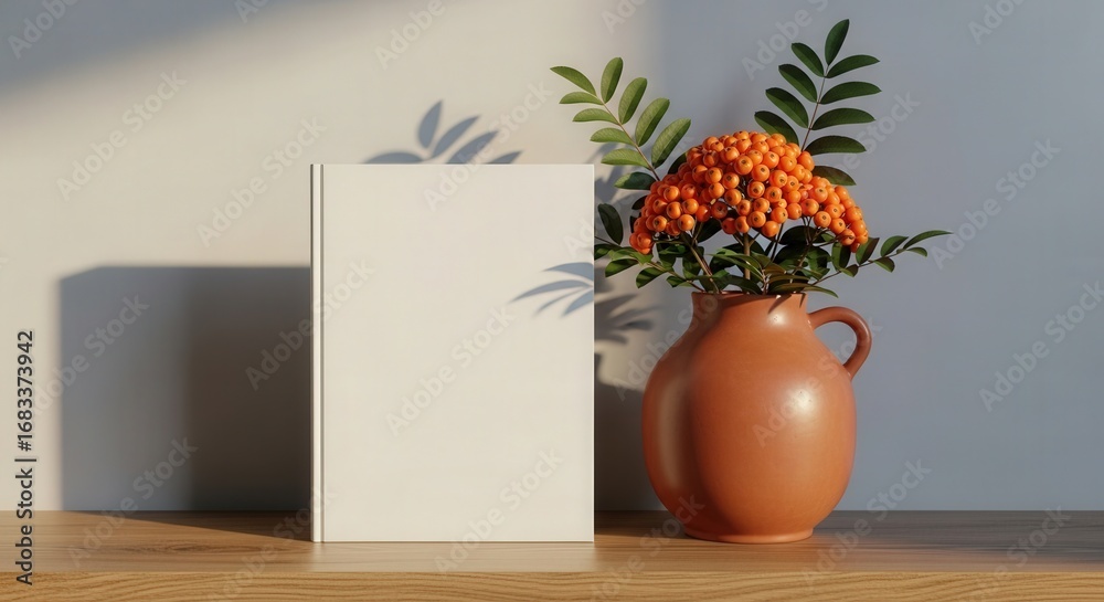 Fototapeta premium Blank book with vase of orange berries. Ai generation