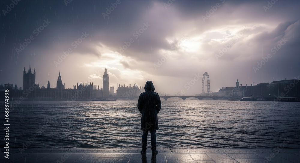 Fototapeta premium Silhouette of person in rain overlooking London skyline. Ai generation